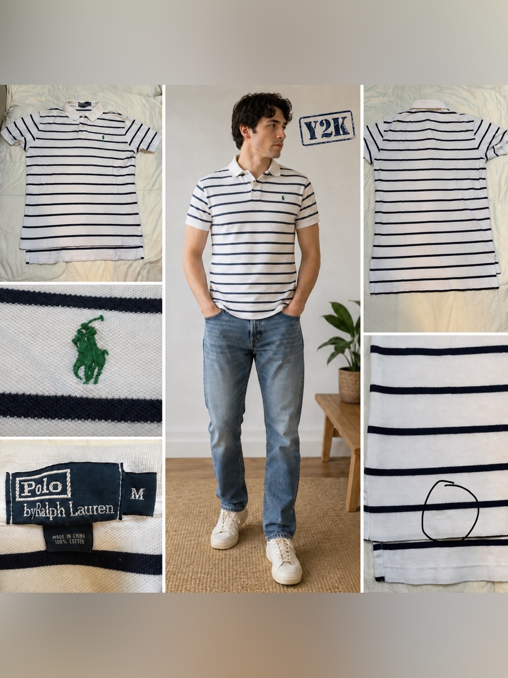 Y2K Polo Ralph Lauren White Navy Striped Polo Green Pony Men’s M
